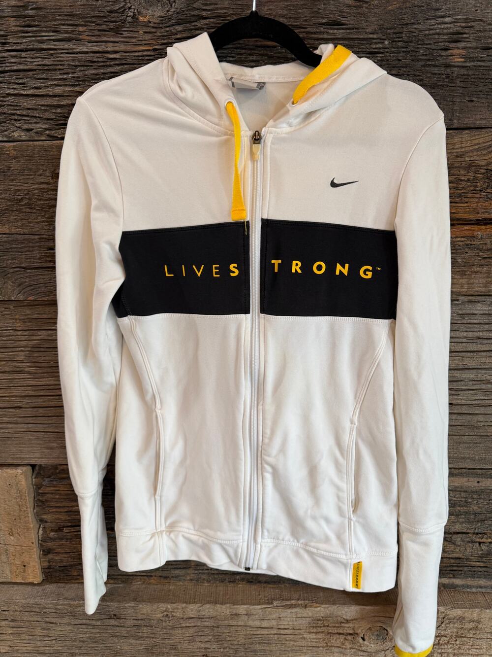 Nike LIVESTRONG Womens Full Zip Hoodie Jacket White Yellow Y2K Thumbholes Size M